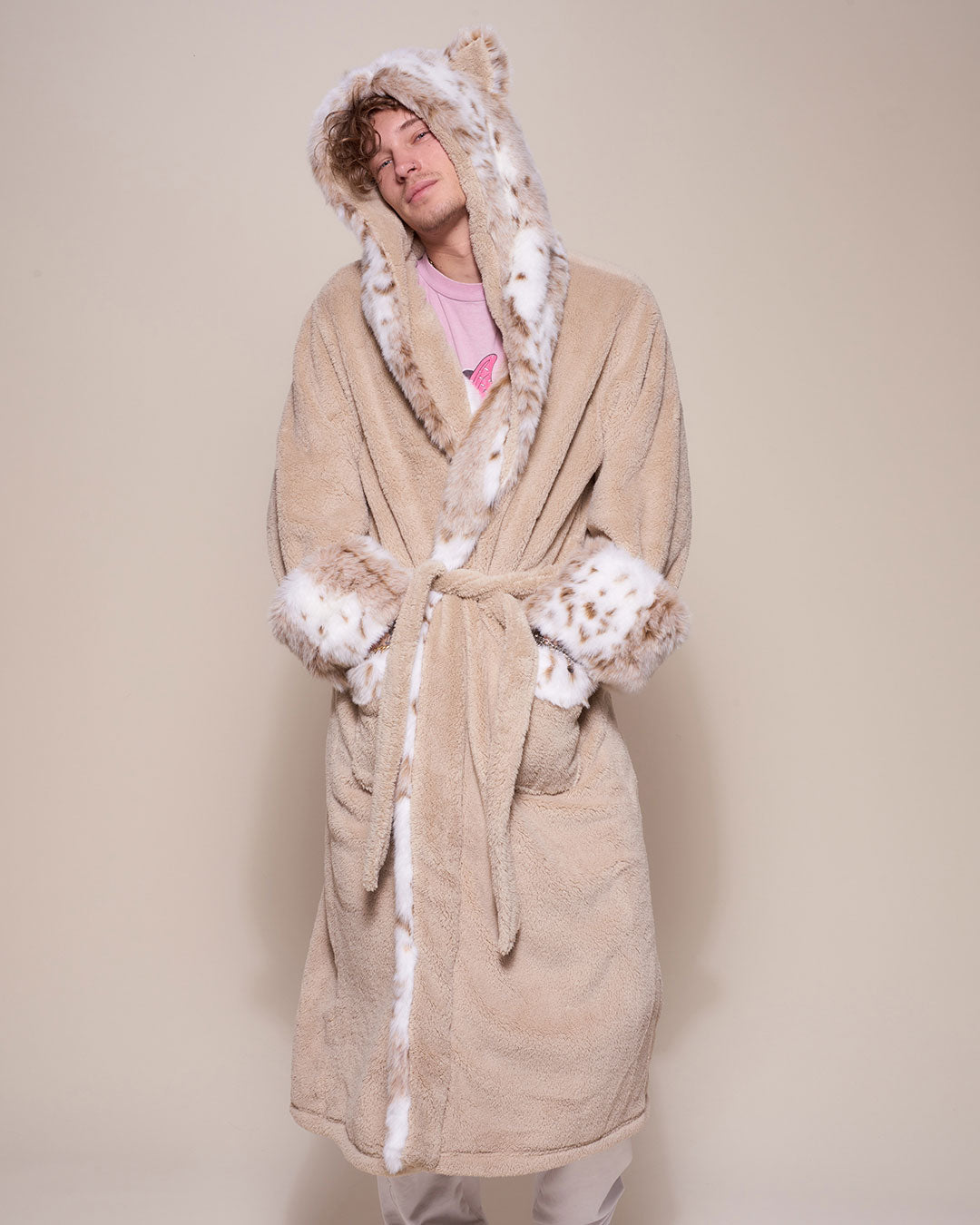 Man wearing Snow Leopard Classic Faux Fur Robe, front view 2