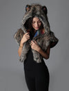 Woman wearing Direwolf Italy Shawl Faux Fur SpiritHood, front view