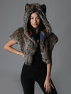Woman wearing Direwolf Italy Shawl Faux Fur SpiritHood, front view 3