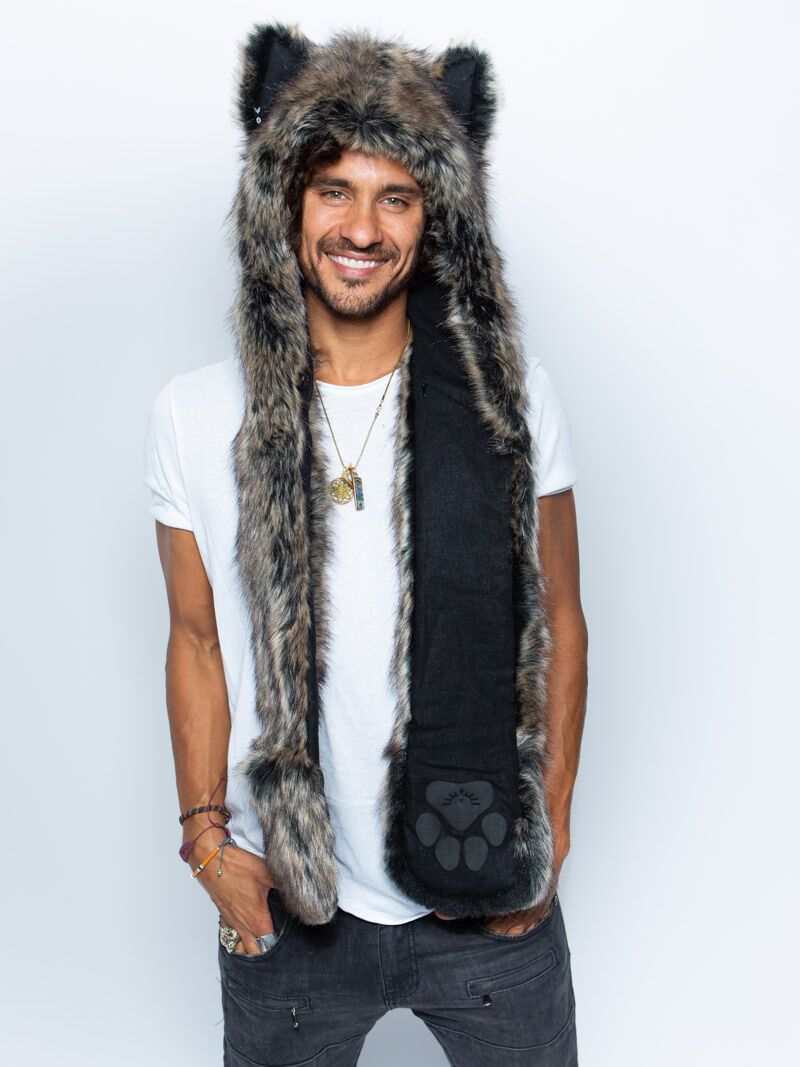 Man wearing Dire Wolf Faux Fur Hood, front view 3