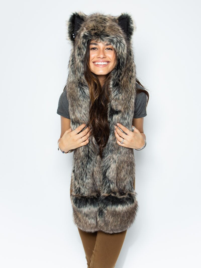 Woman wearing Dire Wolf Faux Fur Hood, side view 1