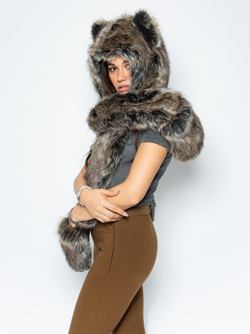 Woman wearing Dire Wolf Faux Fur Hood, side view 2