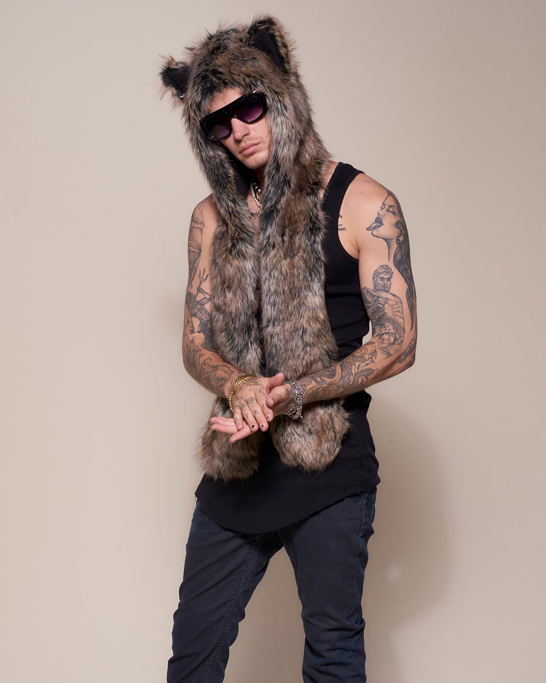 Man wearing Dire Wolf Faux Fur Hood, front view 2