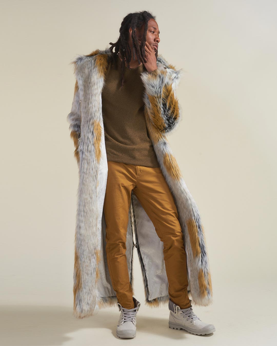 Man wearing Arctic Fox Classic Faux Fur Long Coat, front view 1