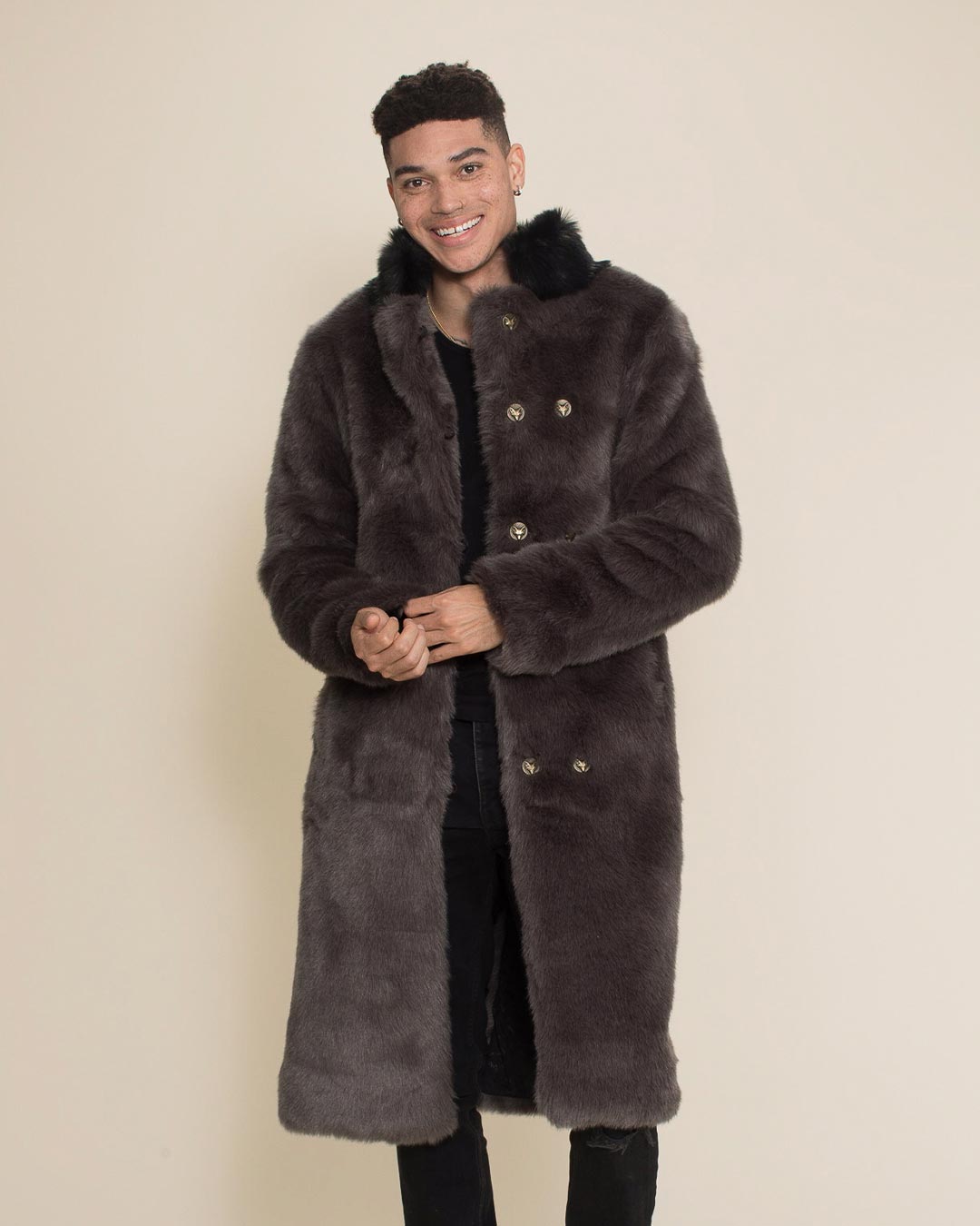 Grey Fox Calf Length Faux Fur Coat | Men's