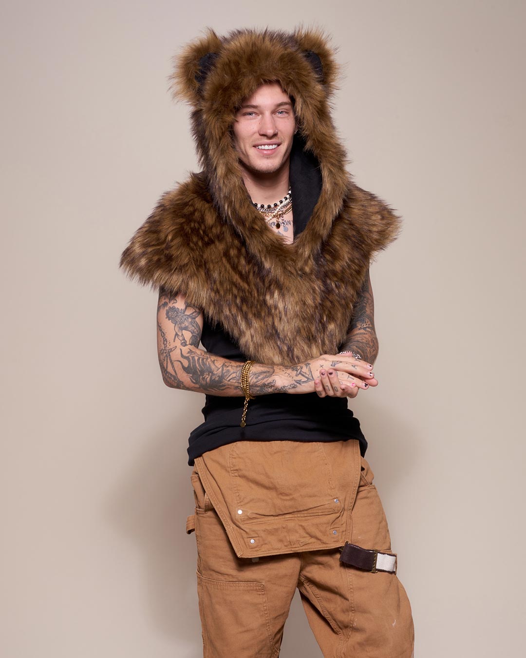 Man wearing Grizzly Bear Collector Edition Faux Fur Shawl, front view 3