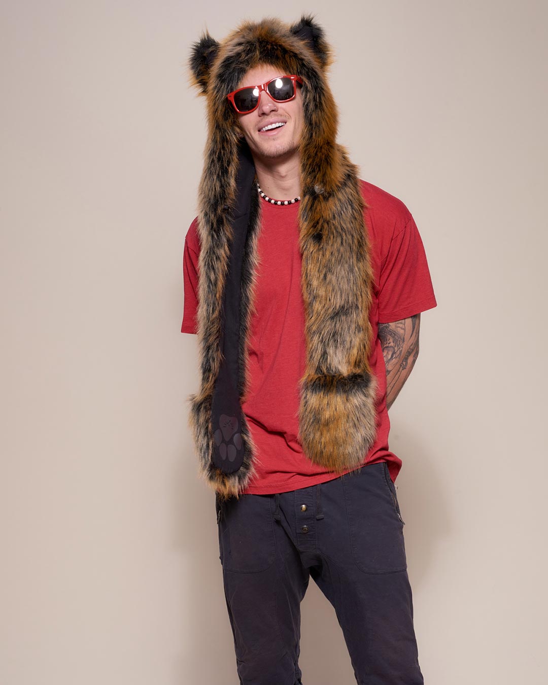 Man wearing Red Wolf Faux Fur Hood