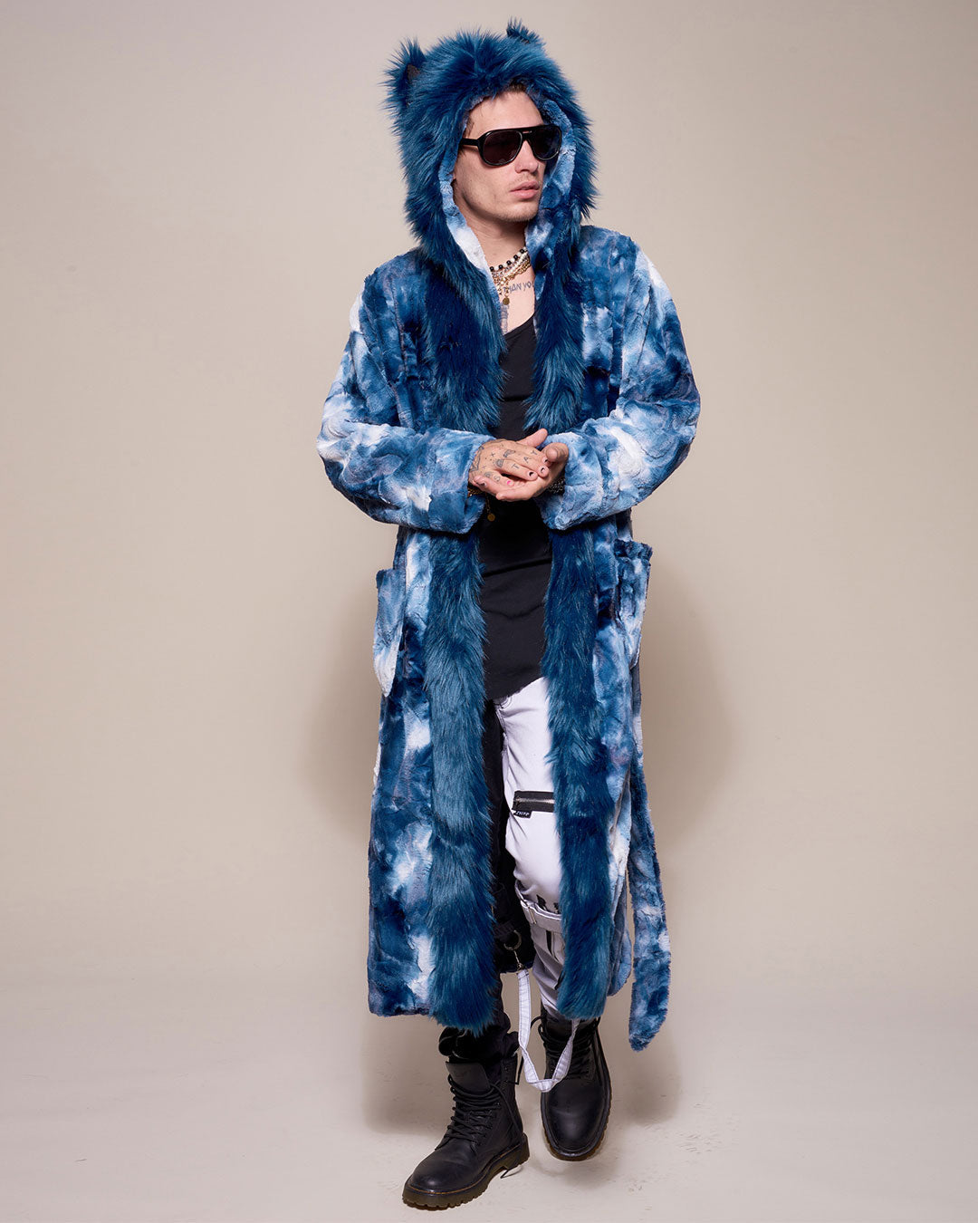 Classic Faux Fur Style Robe for Men in Water Wolf Design Worn Over Ripped Jeans | Men's - SpiritHoods