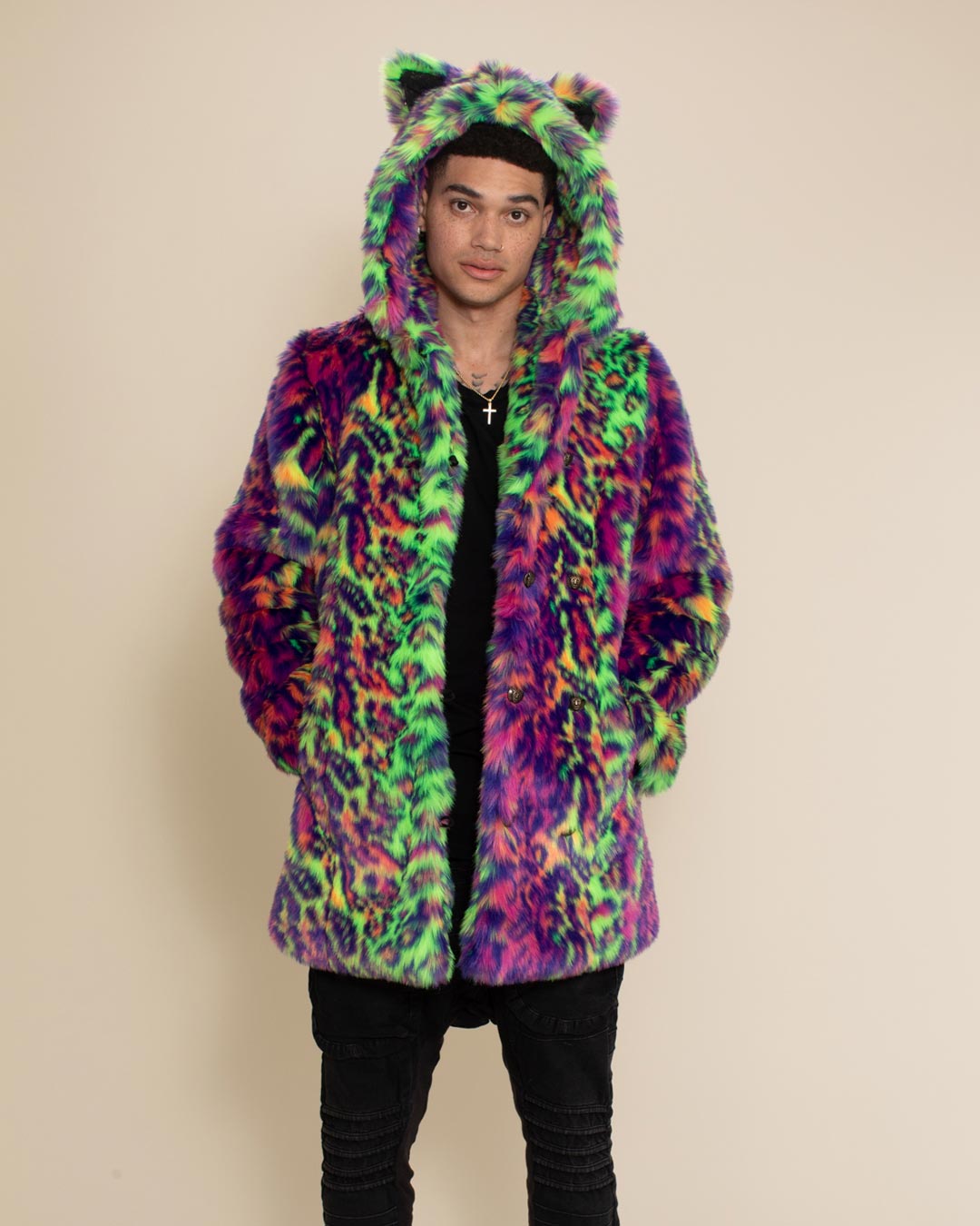 Neon Disco Cat Classic Faux Fur Coat | Men's