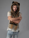 Man wearing Red Wolf Faux Fur Hood, front view 2