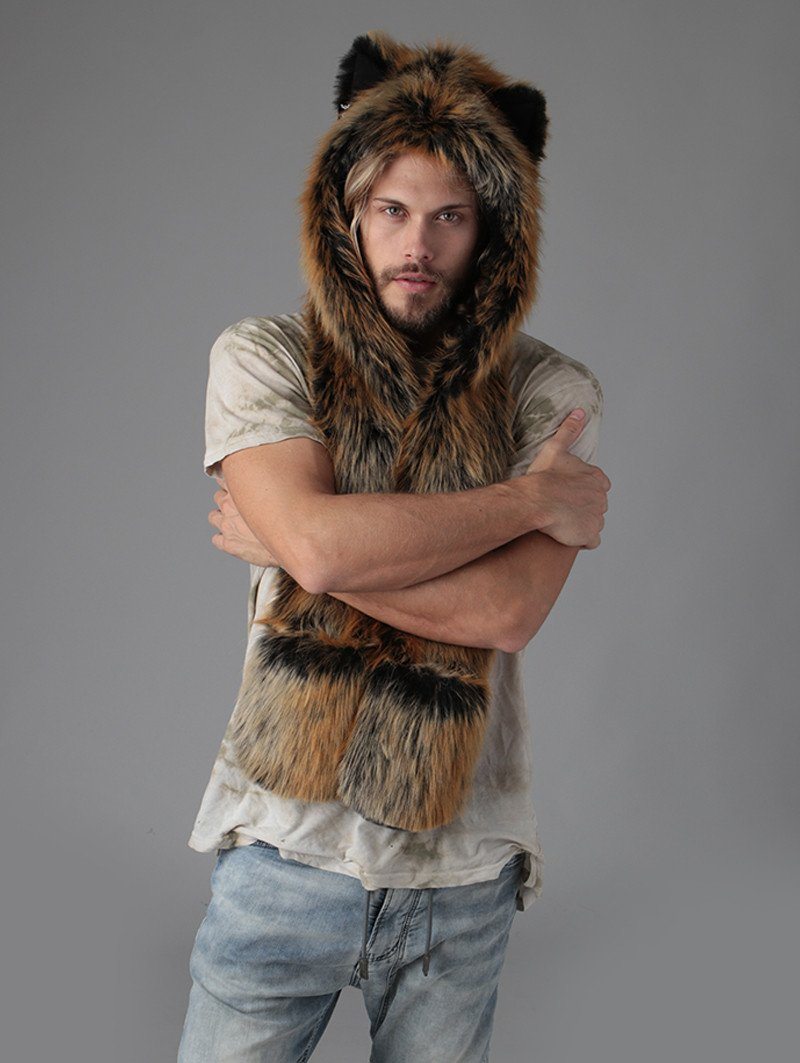 Man wearing Red Wolf Faux Fur Hood, front view 2