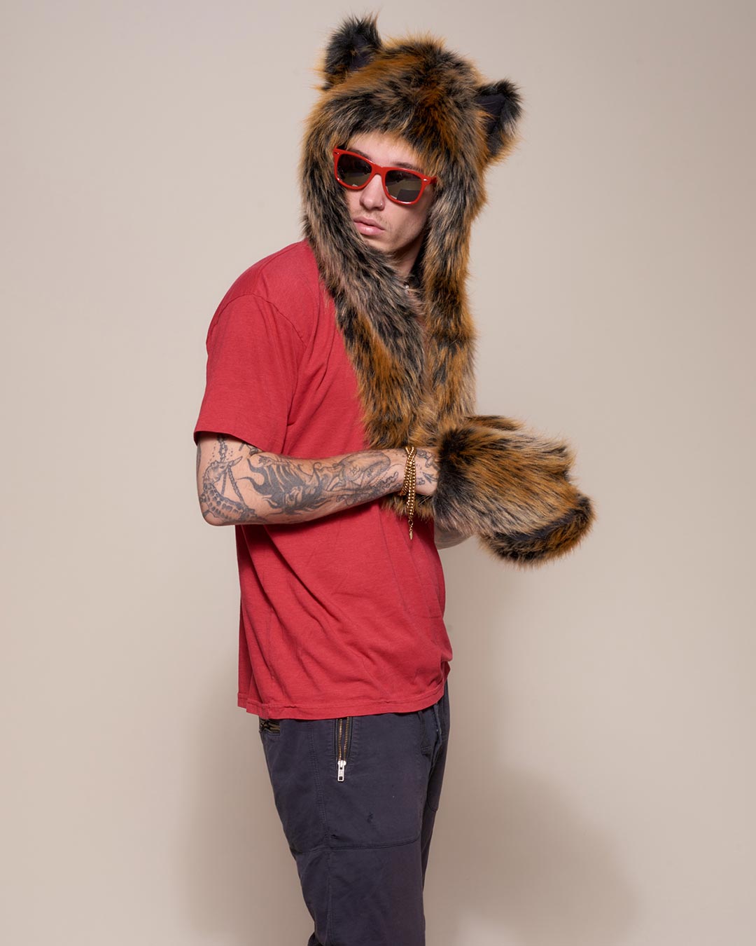 Man wearing Red Wolf Faux Fur Hood, side view 4