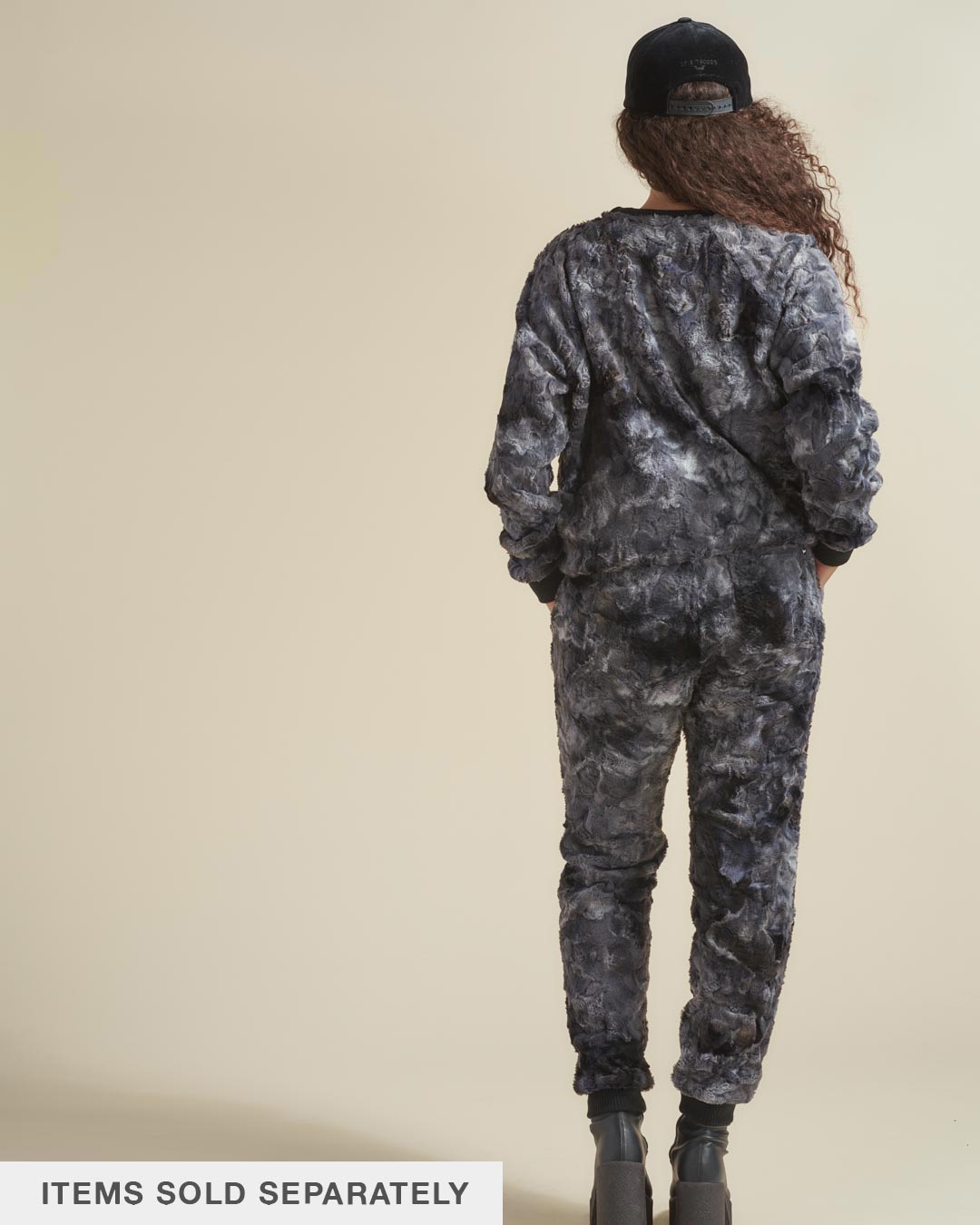 Back View of Woman Wearing Shark ULTRA SOFT Faux Fur Sweatpants and Jacket