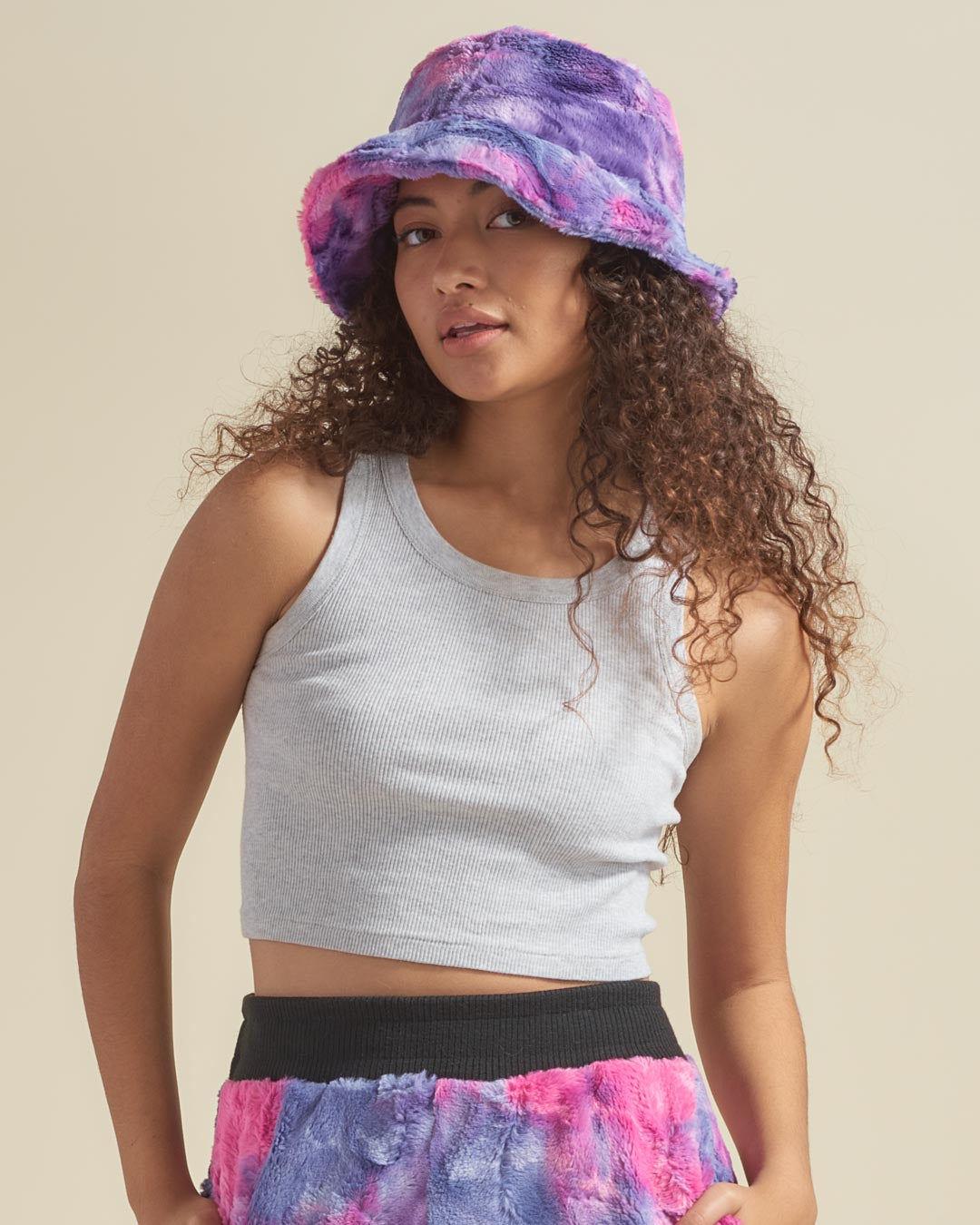 Cotton Candy Faux Fur Bucket Hat on Woman