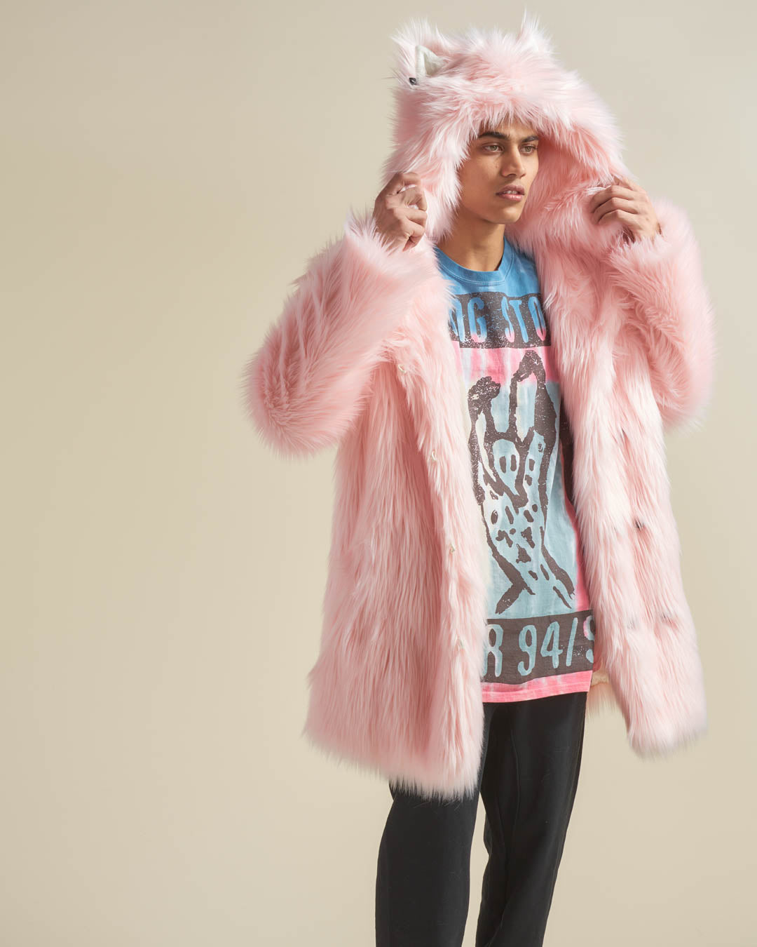 Flamingo Wolf Classic Faux Fur Coat with Hood on Man