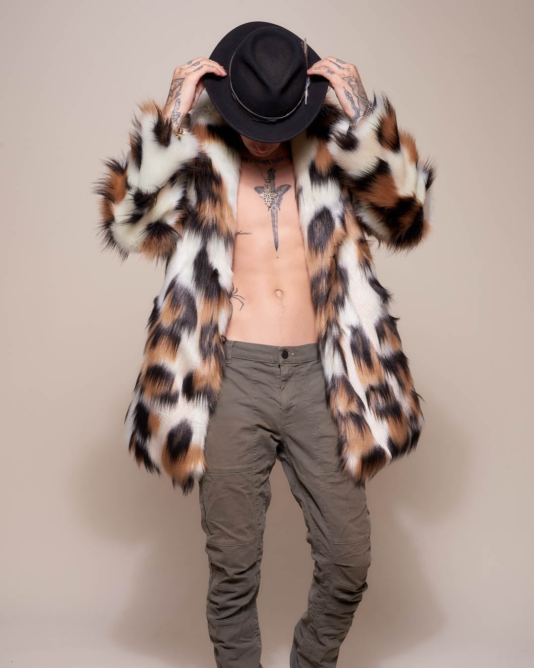 Man wearing Manx Cat Collared Faux Fur Coat, front view 1