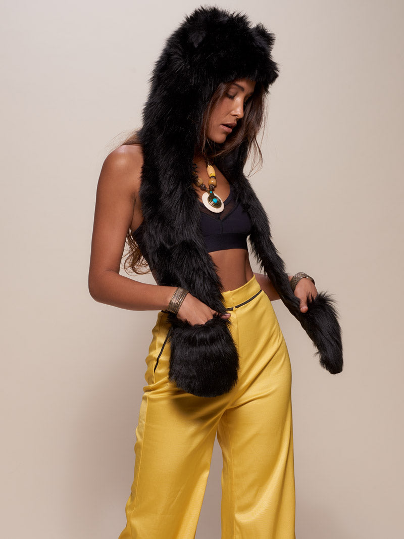 Woman wearing Black Wolf Faux Fur Hood, side view