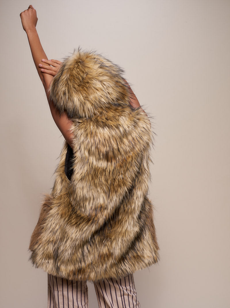 Back View of Hooded Faux Fur Vest in Golden Jackal Design