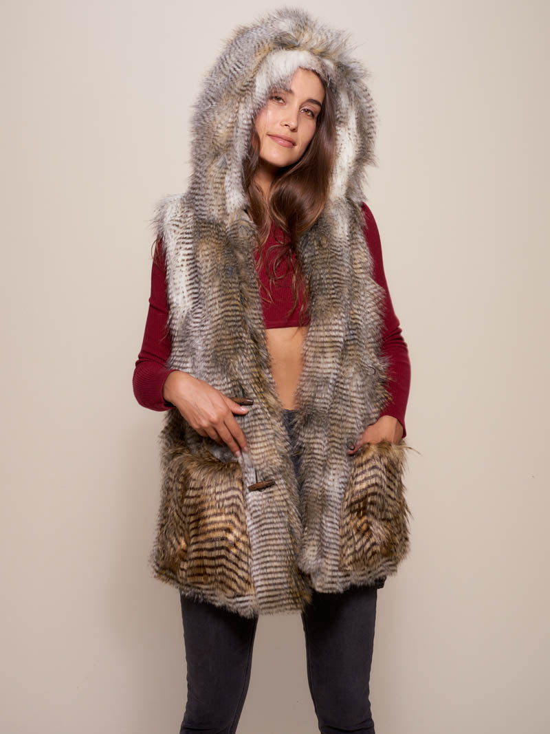 Woman wearing Alaskan Hawk Hooded Faux Fur Vest, front view