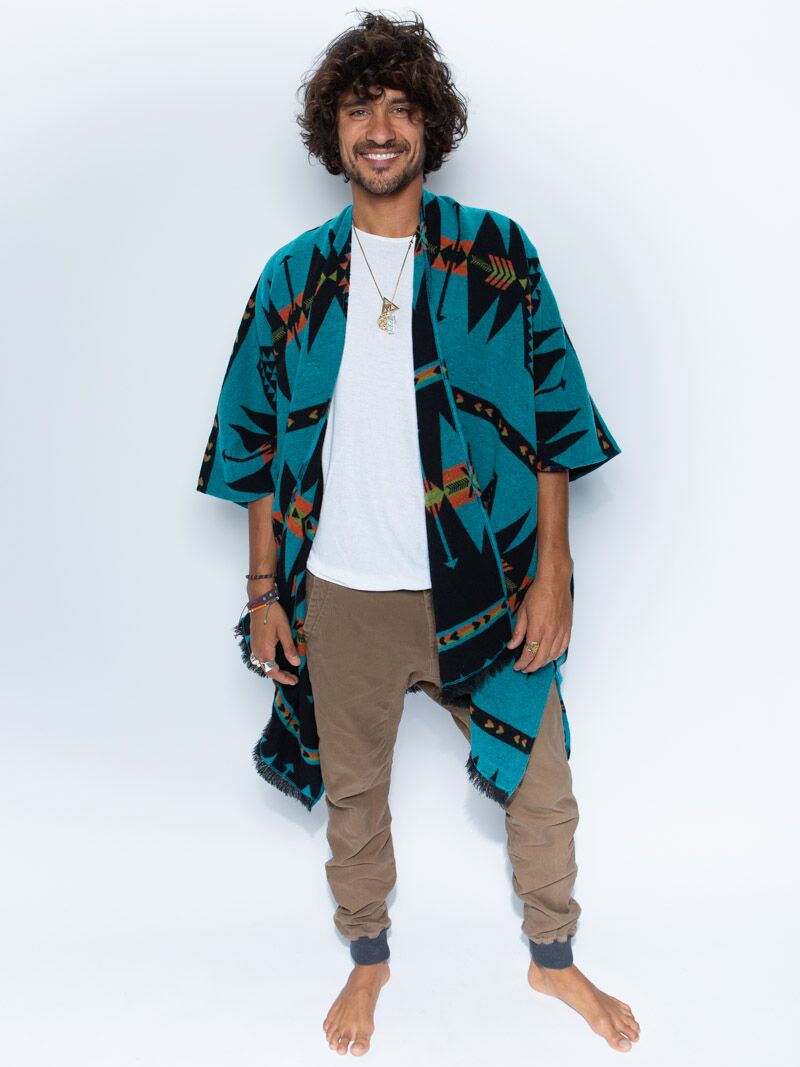 Man wearing Grey Wolf Fabric Poncho, front view