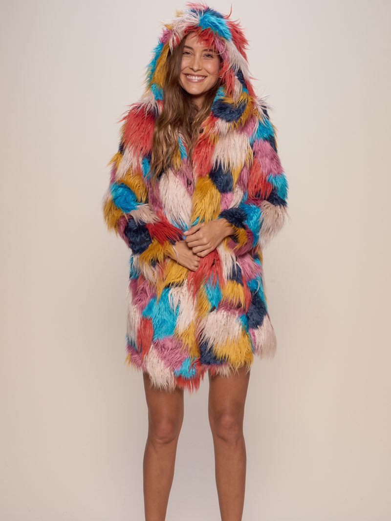 Multicolored Butterfly Women's Faux Fur Coat on Model