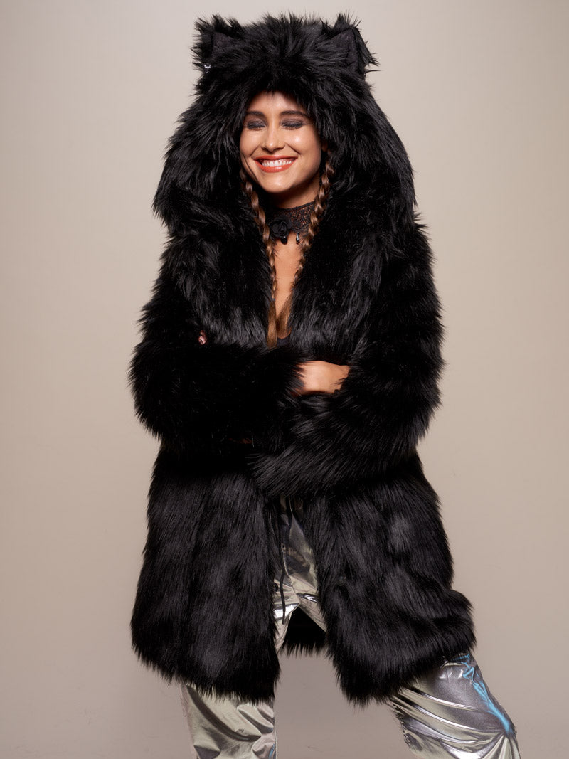 Woman wearing Black Wolf Classic Faux Fur Coat, front view 2