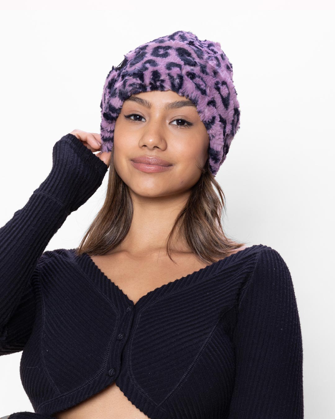 Lavender Leopard Faux Fur Beanie | Women's