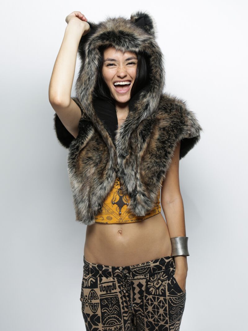 Faux Fur Hooded Shawl in Dire Wolf Design on Woman