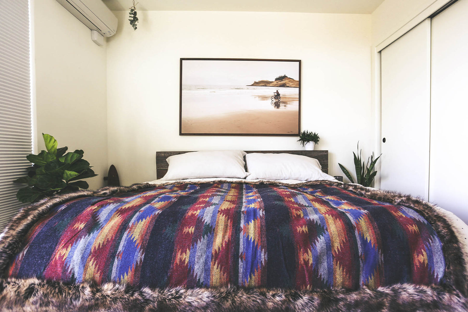 faux fur blanket lying over bed