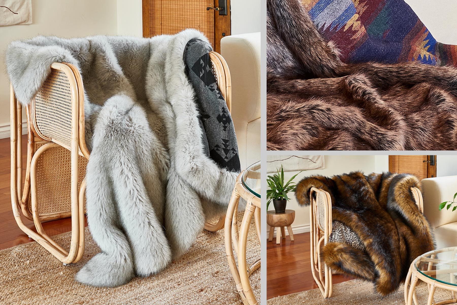 Spirithoods arctic wolf faux fur throw hanging over chair