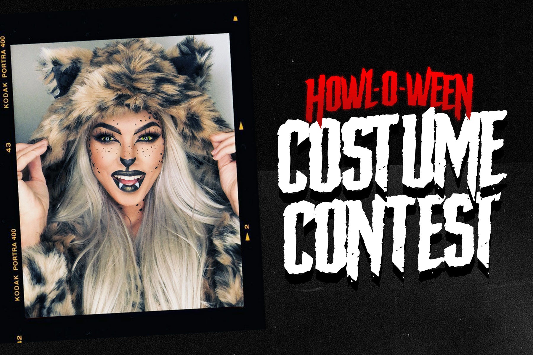 woman wearing faux fur coat with halloween costume for costume contest