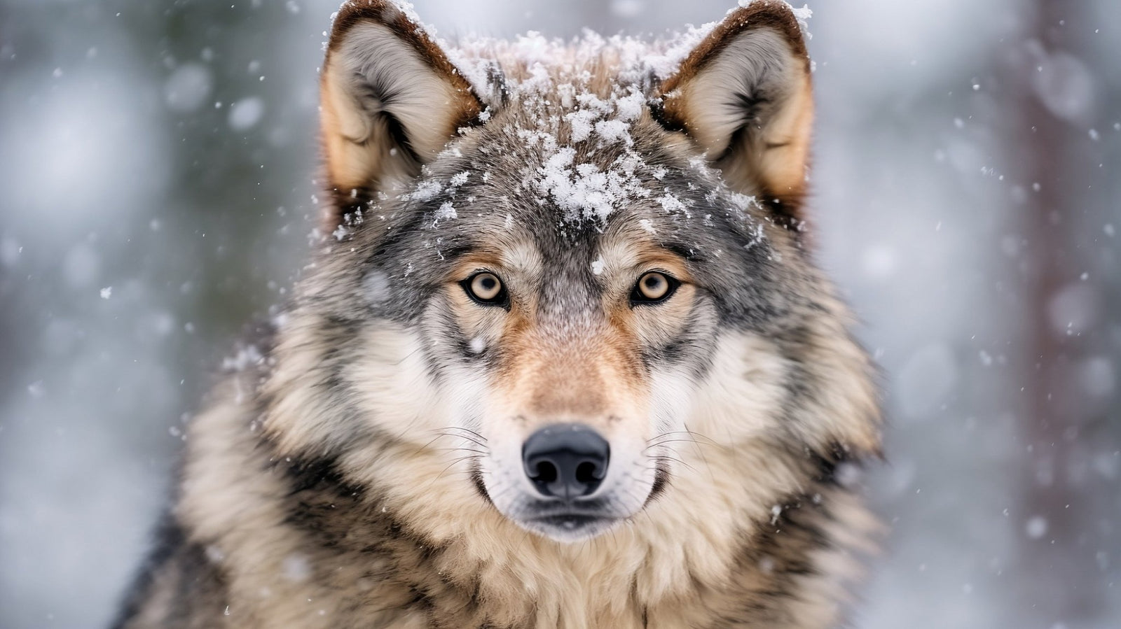 An image of a gray wolf's head in the snow. 