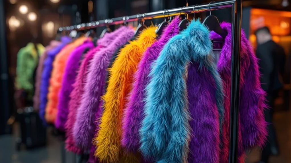 An AI image of multicolored faux fur coats hanging from a  rack.