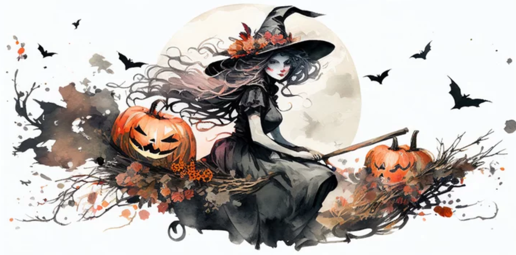 A sketch of a witch on a broomstick.