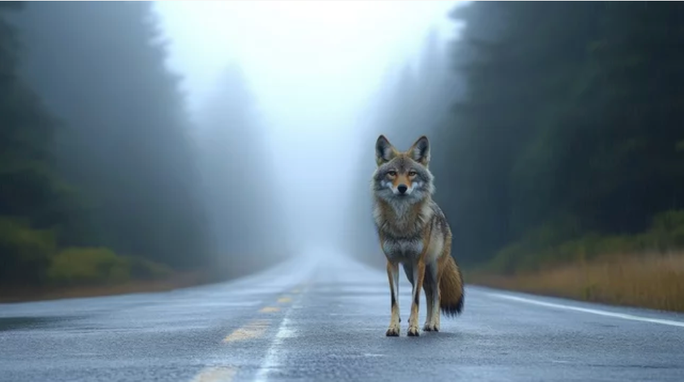 An AI image of a coyote on a mountain road.
