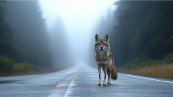 An AI image of a coyote on a mountain road.