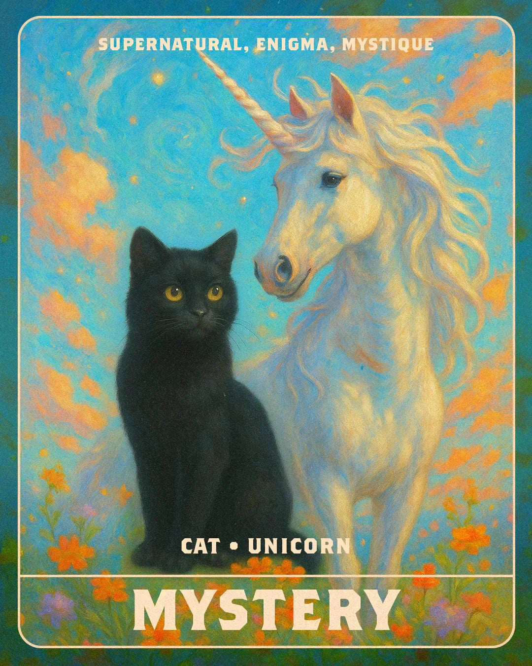 An AI image of black cat and a unicorn.