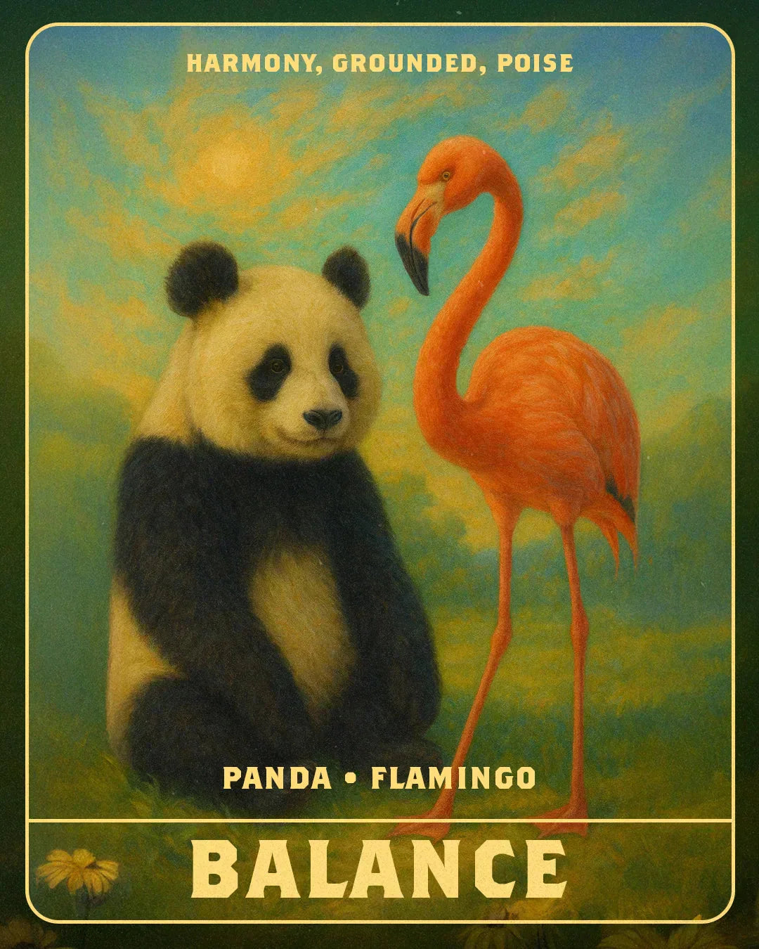 An AI image of a panda and a flamingo.