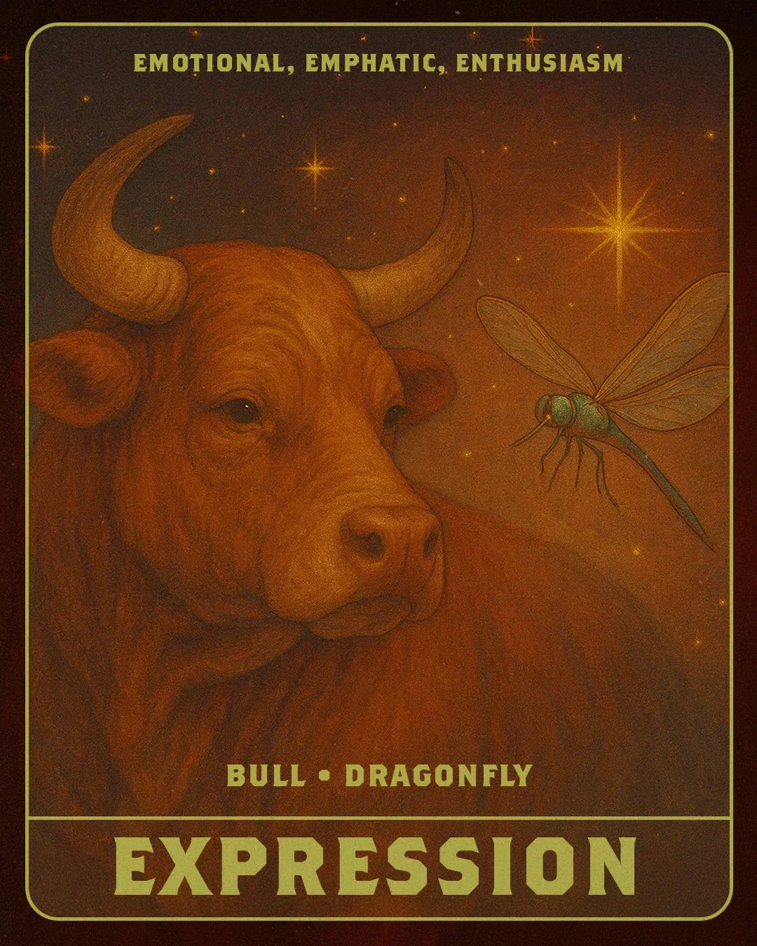 An AI image of a bull and a dragonfly.