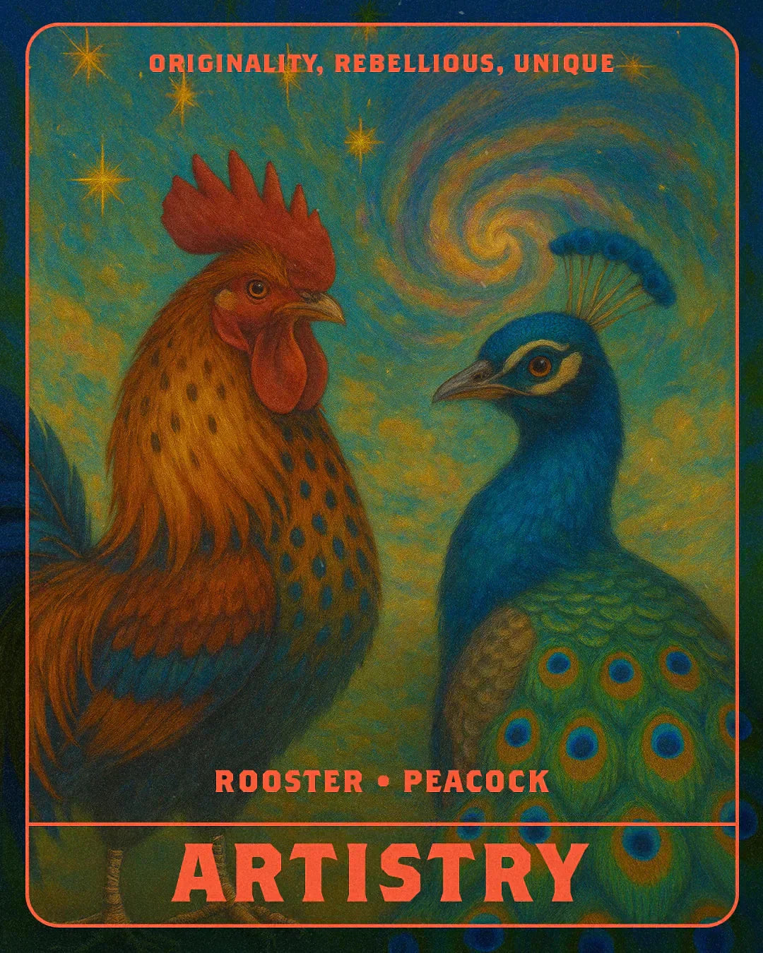 An AI image of a rooster and a peacock.