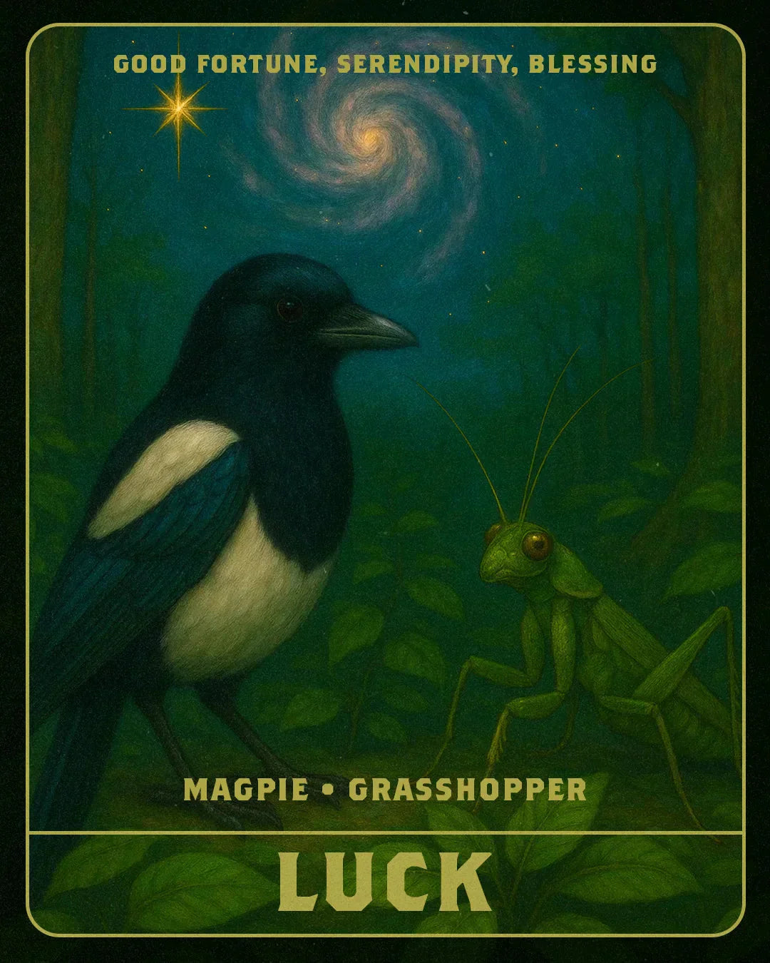 An AI image of a magpie and grasshopper.