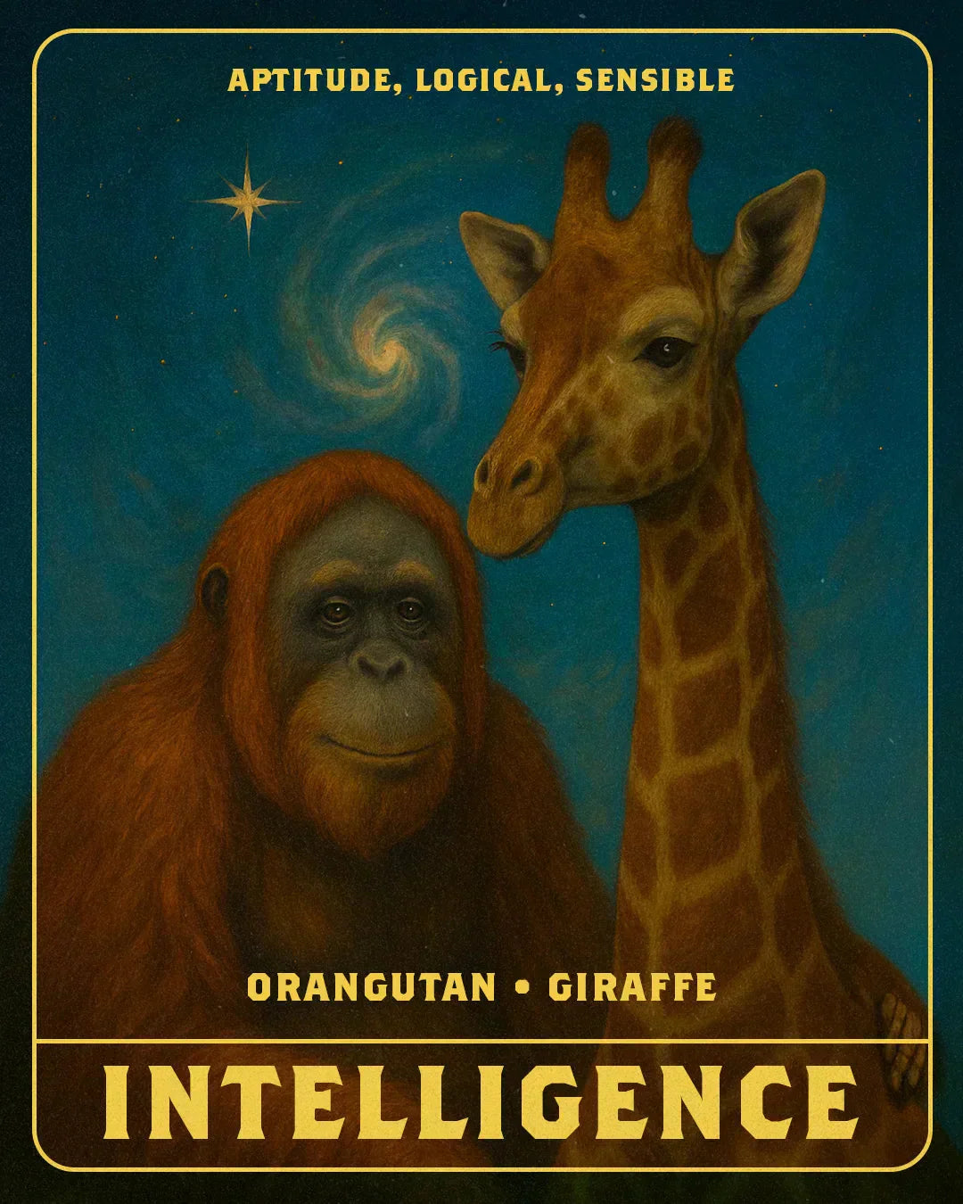 An AI image of a giraffe and an orangutan.