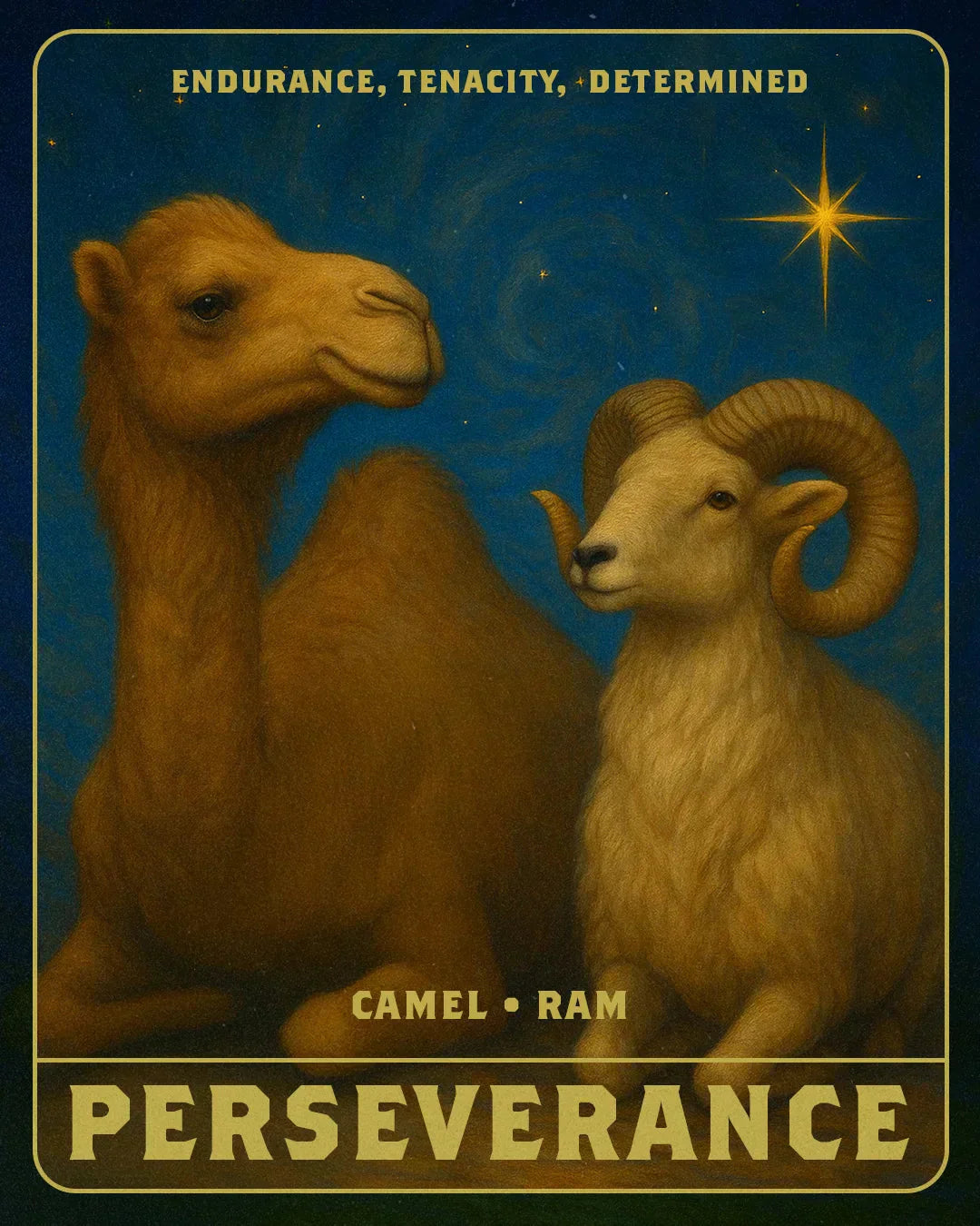 An AI image of a camel and a ram.