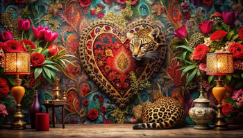 An AI image of a leopard surrounded by a heart and flowers.