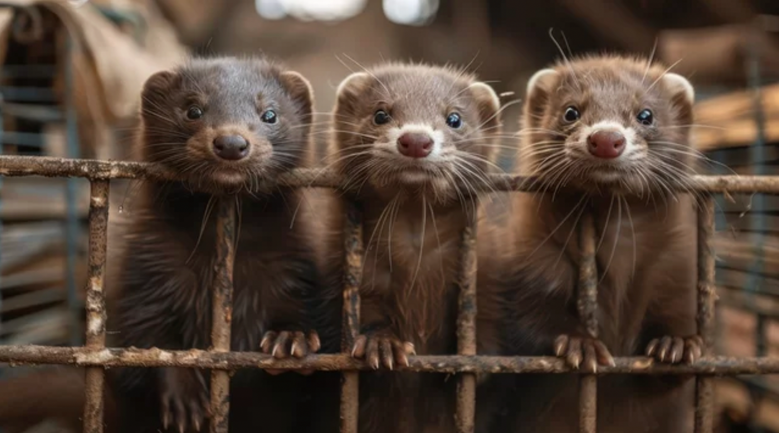 AN image of three minks in a cage.