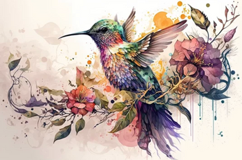 A sketch of a hummingbird resting on a branch with flowers.