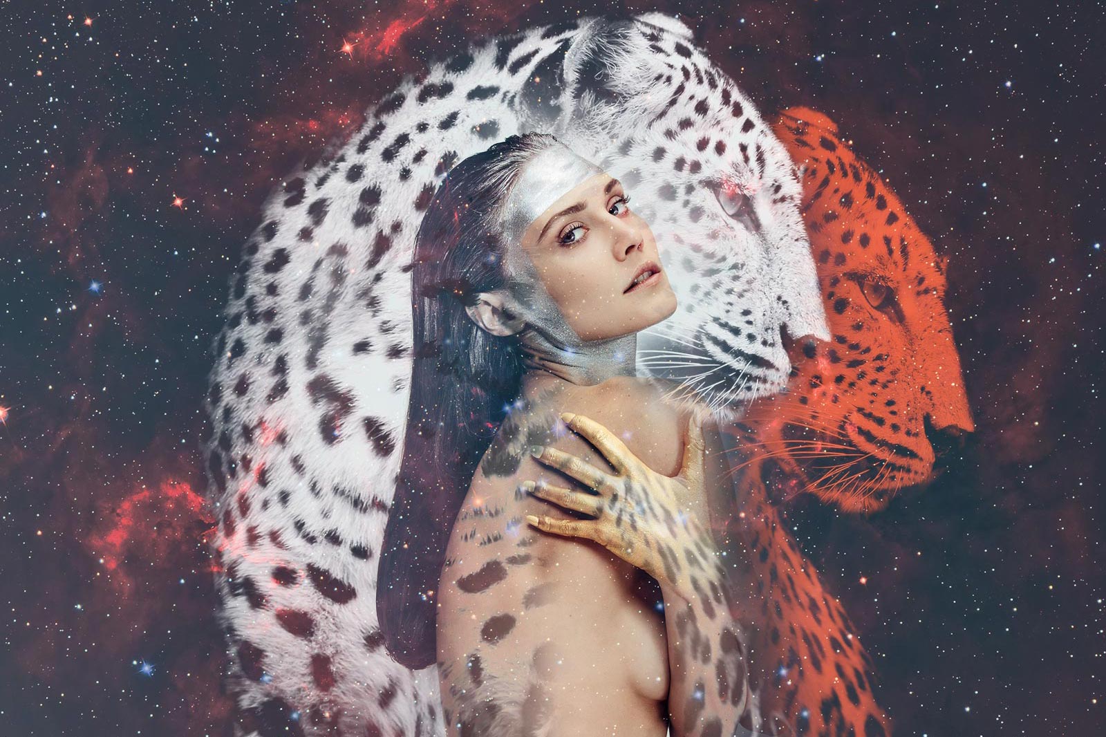 Woman against starry sky with Leopard spirit animal 