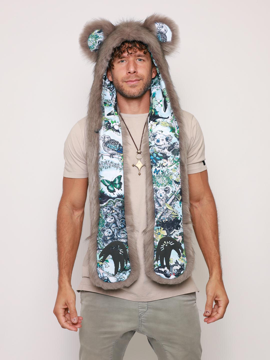 Man wearing faux fur James Patrick Koala Artist Edition SpiritHood, front view 3