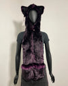A dark purple faux fur hooded vest with cat ears and a matching furry collar trim, displayed on a black mannequin torso against a plain light background.