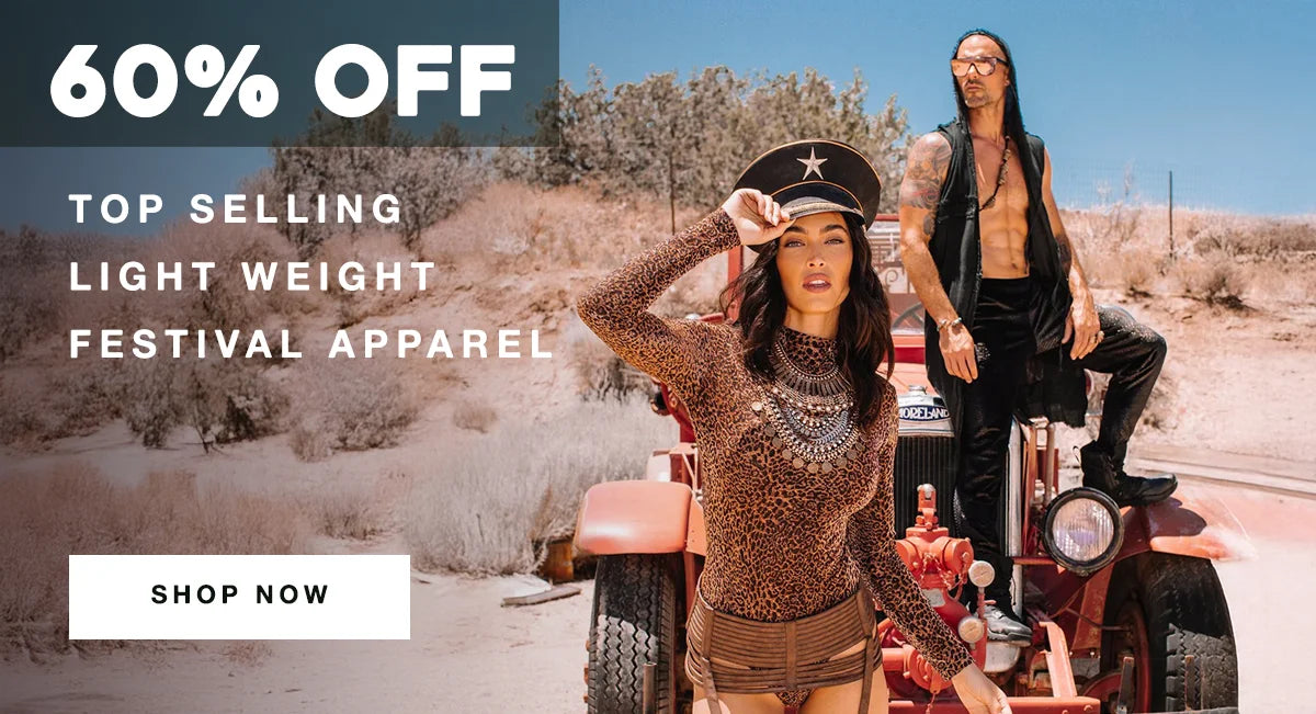 Promotional image featuring a woman in leopard print festival wear and a star-adorned hat standing in front of a red off-road vehicle, with a man in black festival attire sitting on the hood. Text at the top reads “60% OFF.” Below, smaller text states “Top Selling Lightweight Festival Apparel.” A white button at the bottom says “SHOP NOW.”